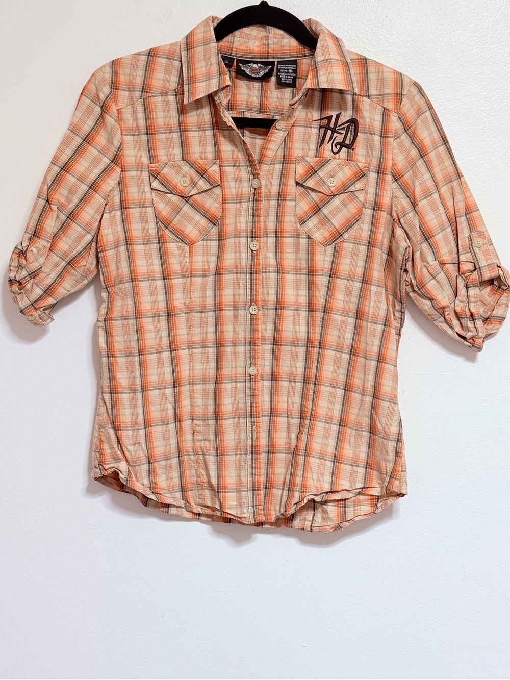 Harley Davidson Orange Plaid Button-Up Women's Shirt Small